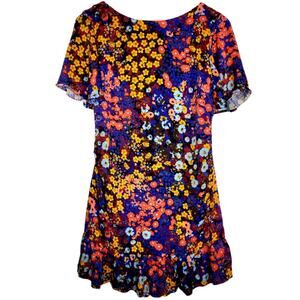Anthropologie Ruffled Satin Floral Mini Dress Flutter Sleeve Lined Multicolor 12